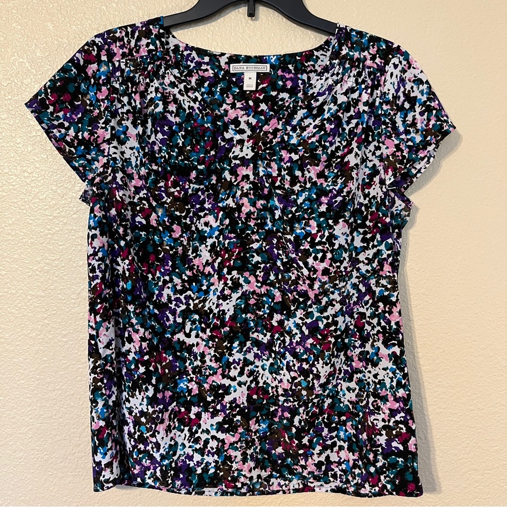Dana Buchman Women’s M Multicolor Abstract Print V-Neck Short Sleeve Blouse